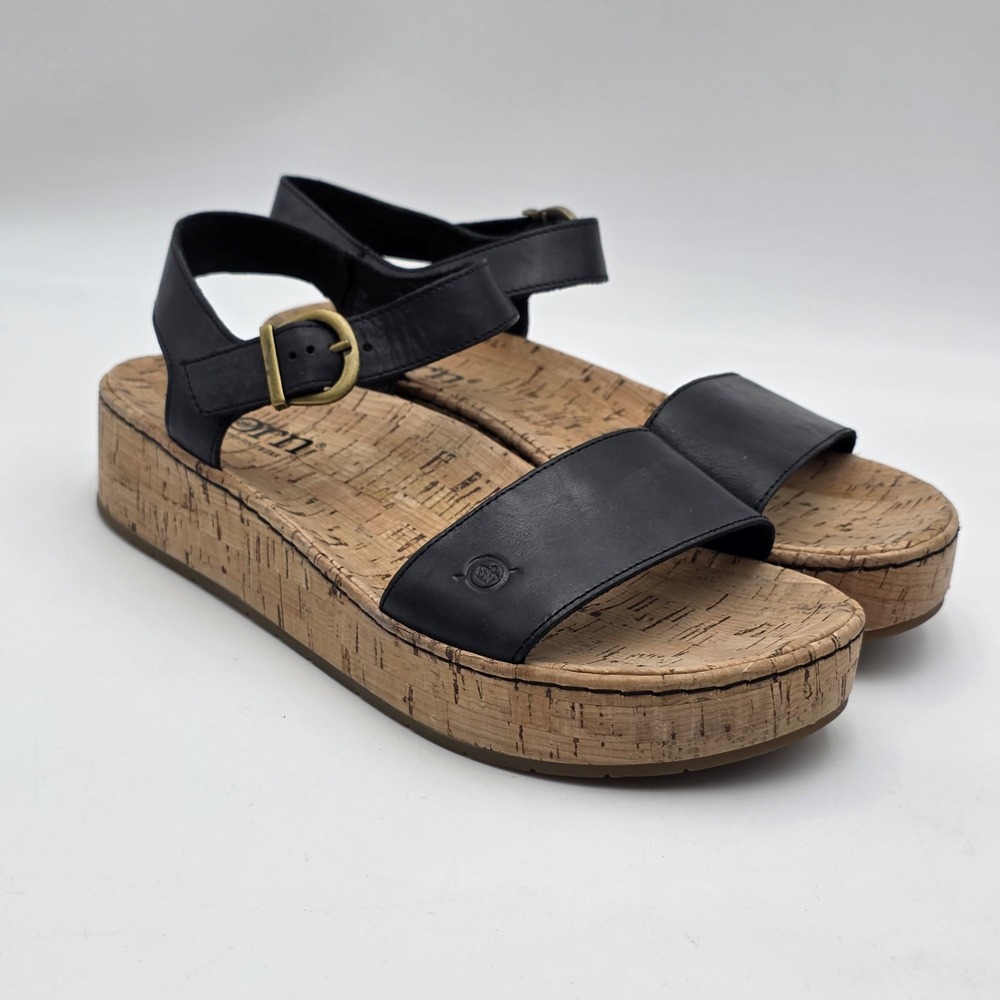 Born Sari Charcoal Black Leather Cork Platform Sandals‎ Women's Size 10M